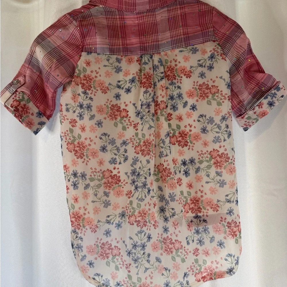 Little Lass Pink Plaid Button-Down Shirt with Floral Back - Picture 3 of 6